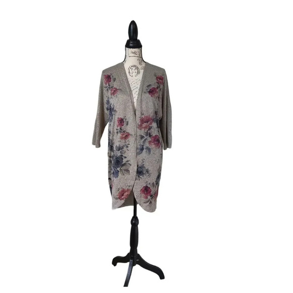 Live In The Moment Floral Botanical Open Cardigan Neutral Color 3/4 Sleeve Sz L - Picture 7 of 7
